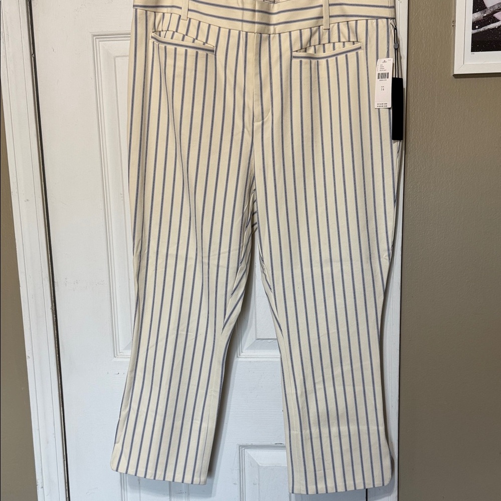 NWTAnthropologie Cream and Blue The Essential SLIM Striped Women's Pants Size 14